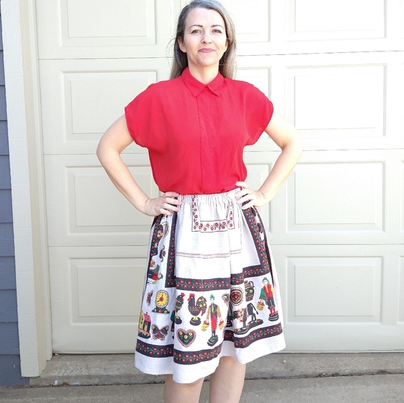 folksy LINEN TABLECLOTH SKIRT vintage novelty M L - Picture 5 of 11